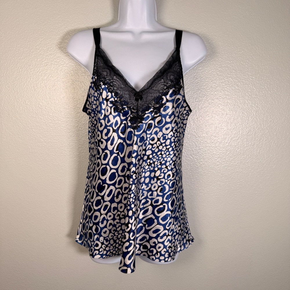 Oscar de la Renta Pink Label Blue Leopard Print Lace Trim Cami Top Womens Size S